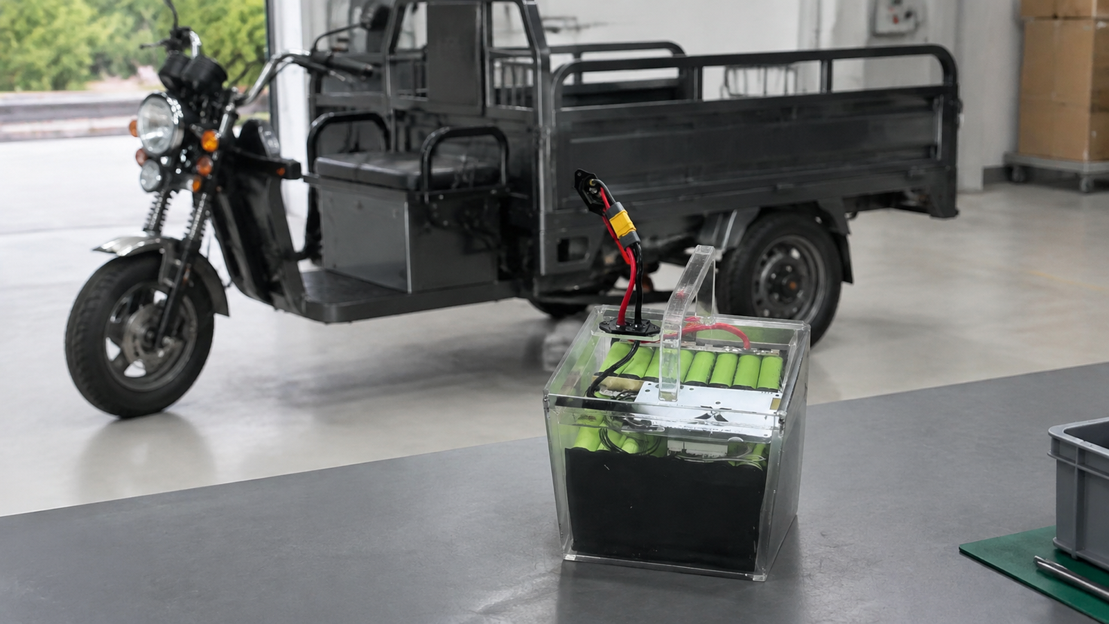 XGE transparent immersion battery pack in an electric cargo tricycle engineering evaluation scene